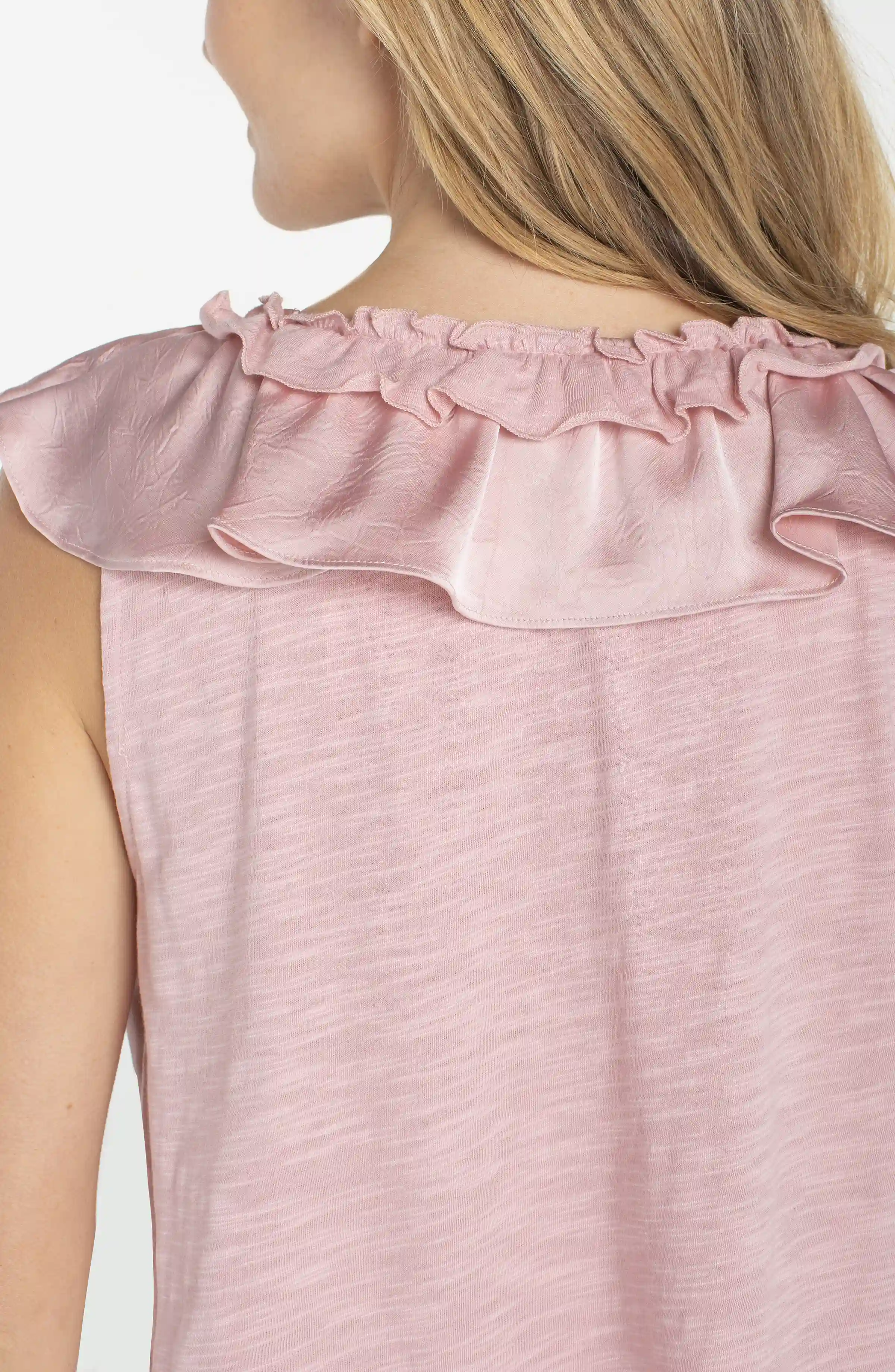 ruffle front sleeveless woven to knit top - Image 4