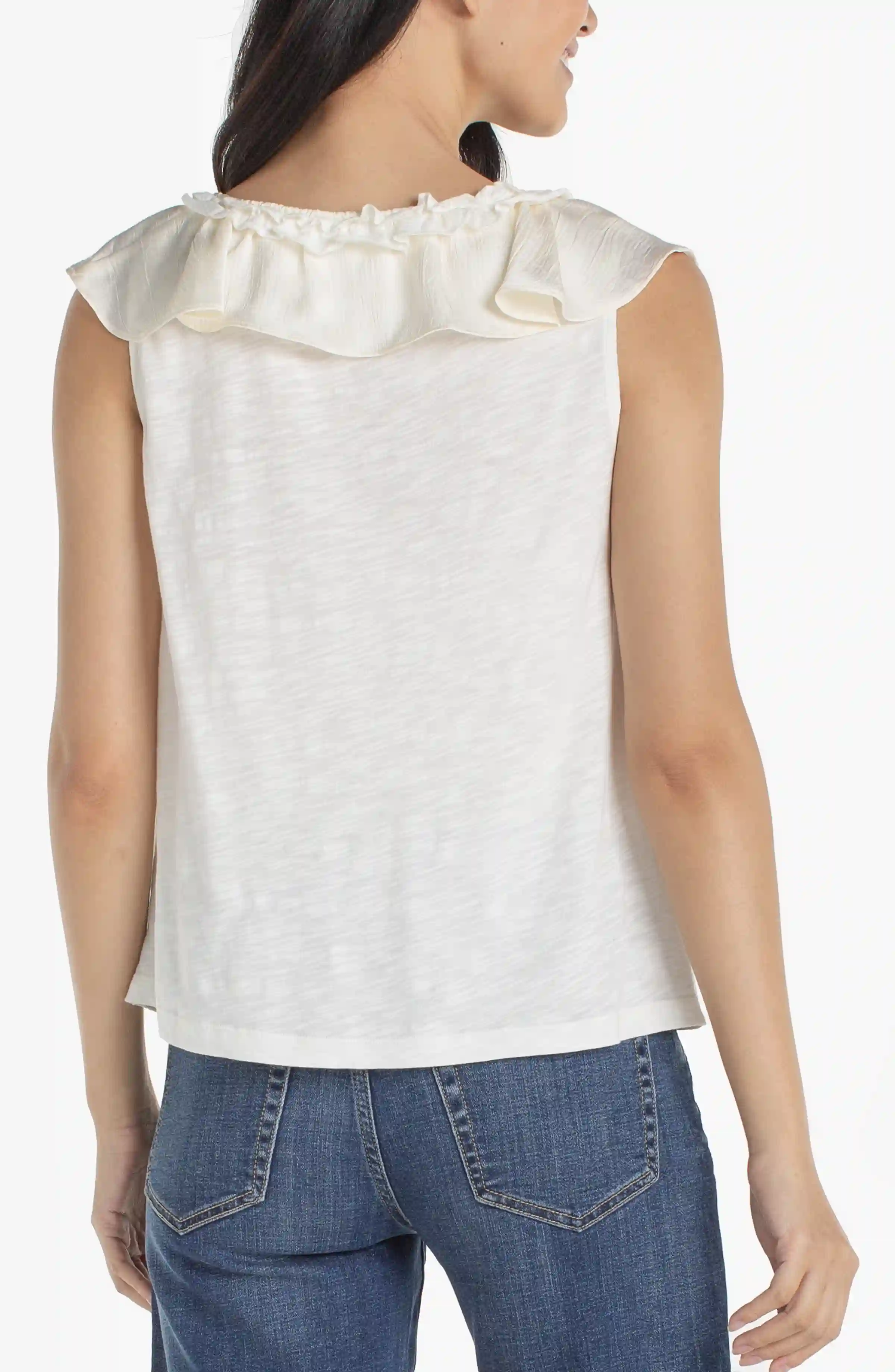RUFFLE FRONT SLEEVELESS WOVEN-TO-KNIT TOP - Image 3