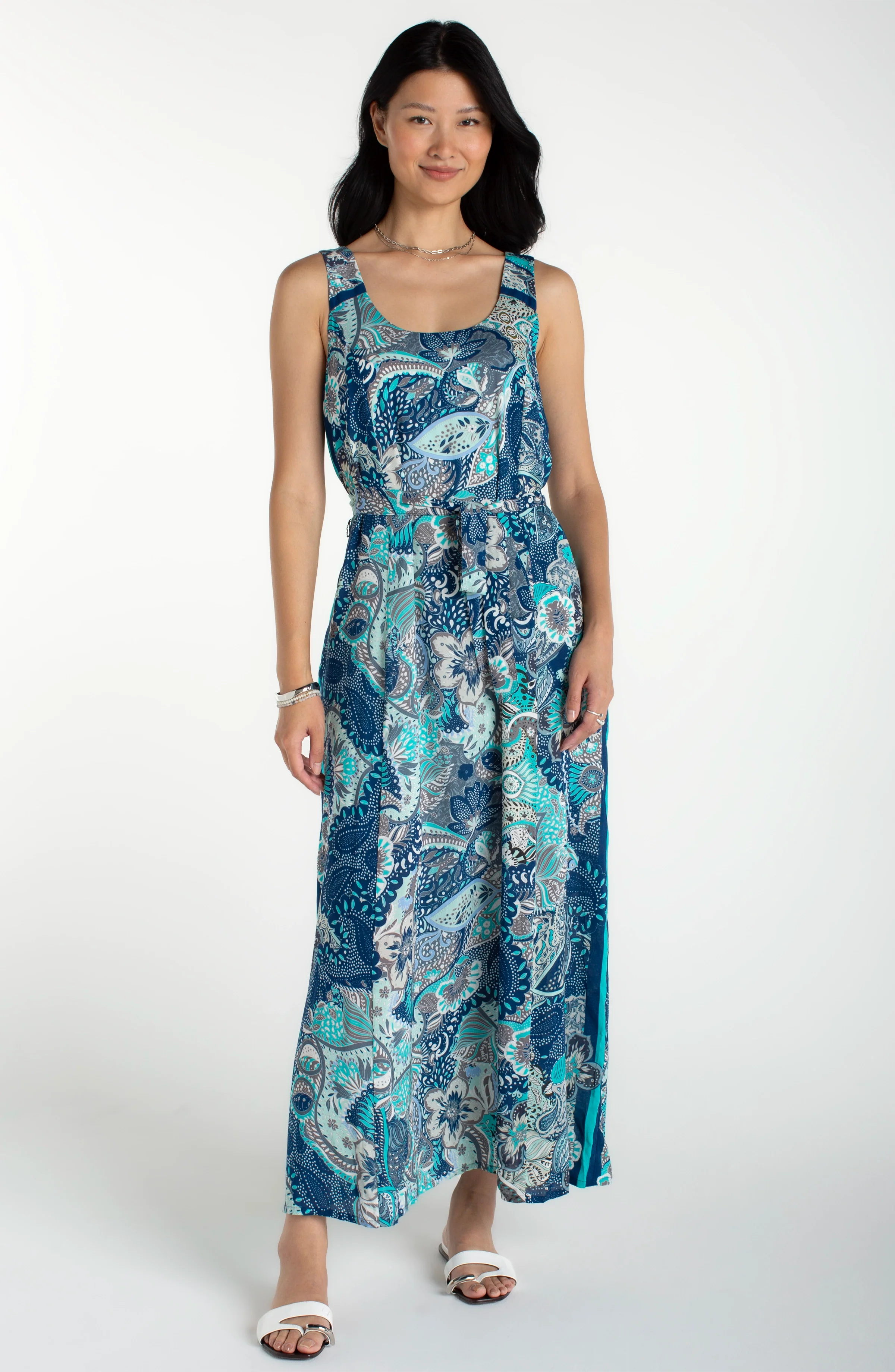 SLEEVELESS WOVEN MAXI DRESS WITH SELF BELT